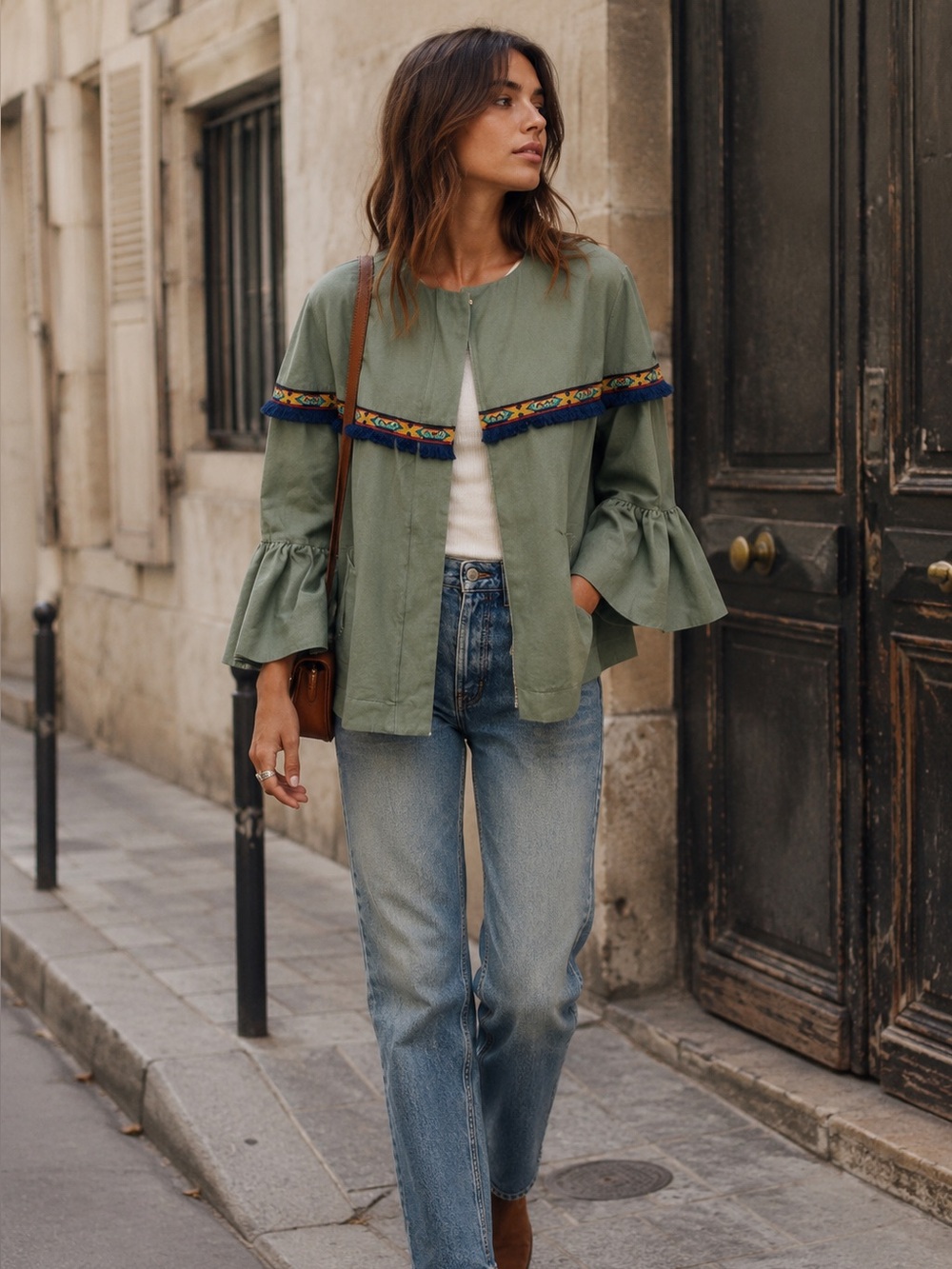ZARA Aztec Green Boho Coastal Cowgirl Fringe Zip Front Jacket, L